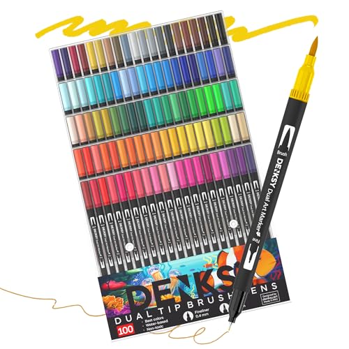 100 Watercolor Markers Set | Water Color Pens with Brush & Fineliner, Water-Based Art Markers | Dual Tip Markers for Adult Coloring, Lettering, Calligraphy, Sketching, Journaling & Illustration - color: Black
