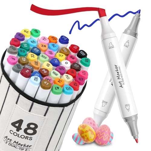 IONSGAKO 48 Colors Alcohol Markers Set,Dual Tip Coloring Markers for Adult | Markers Coloring Books No Bleeding, Art Markers for DIY Crafts Art Supplies Easter Gift Drawing Wood, Fabric, Canvas, Glass - color: 48 Colors