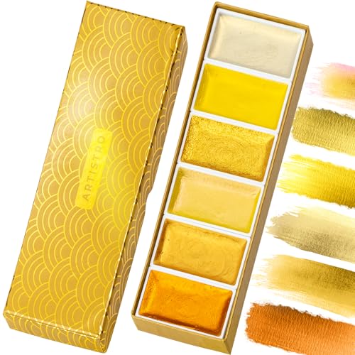 ARTISTRO Professional Metallic Watercolor Paint Set for Adults - 6 Pigment-Rich Gold Colors, XL Pans, ASTM-I Lightfastness, High Tinting Strength Watercolor Set for Professionals made by professionals - color: 6 Gold Colors
