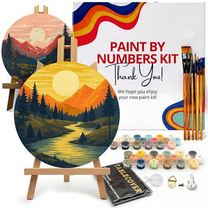 KularStock Paint by Number Kit for Adults, 2 Pack Framed Round Canvas with Easels, Paint by Numbers for Beginners, DIY Painting Kit with Acrylic Paint and Brushes