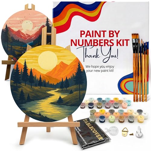 KularStock Paint by Number Kit for Adults, 2 Pack Framed Round Canvas with Easels, Paint by Numbers for Beginners, DIY Painting Kit with Acrylic Paint and Brushes