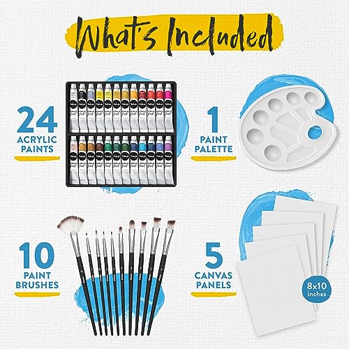 Chalkola 40 Acrylic Paint Set for Adults with 24 Acrylic Paints kit (22ml), 10 Painting Brushes, 5 Canvas for Painting (8x10) & 1 Palette