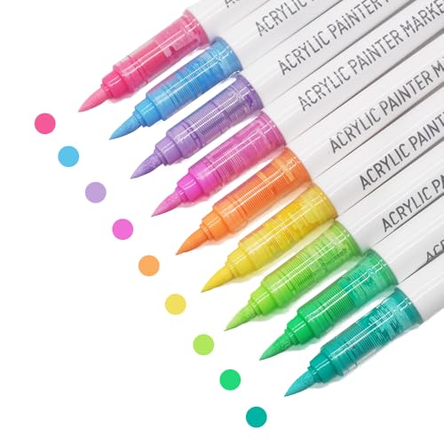 Water Based Acrylic Paint Markers, 9 Colors Acrylic Paint Pens Set with Soft Brush Tip, Marker Pen for Rock Painting, Egg, Wood, Glass, Paper, Acrylic Painter Ink (Dopamine Series-2) - color: Dopamine Series-2
