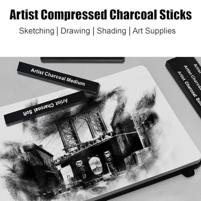 36 pcsPainting Set for Beginners and Artists, 28 Pieces Stencils, 6 PCS Compressed Charcoal Sticks, 2 Pack Kneaded Rubber Erasers Large Size, DIY Drawing Paint Back to School