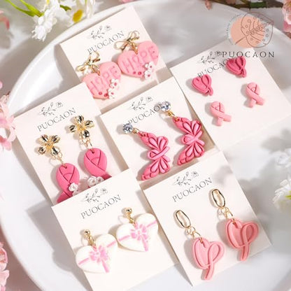Puocaon Cancer Awareness Clay Cutters - 7 Pcs Pink Ribbon Clay Cutters for Polymer Clay Earrings, Heart Gifts Butterfly Clay Earring Cutters Survivor Group Jewelry Design