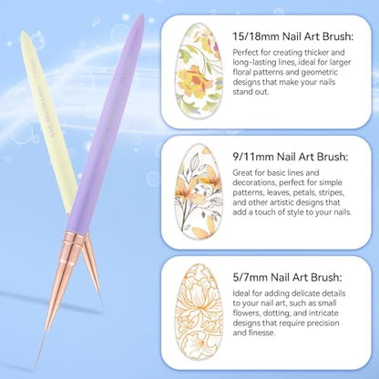 6Pcs Colorful Nail Art Liner Brushes Set, Detail Painting Design Fine Lines Drawing With Cap Metal Handle Home DIY Salon Manicure Tool Women Gifts, 5/7/9/11/15/18mm - color: Multicolor