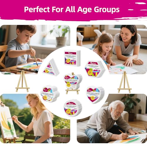 24-Pack 10cm (4") Mini Canvas for Kids, 100% Cotton Acid-Free Stretched Canvases with Easel for Painting, 5/8 Inch Profile 8 Ounce Shaped Canvas for Acrylics,Oils Paints, Perfect for Painting Party - size: 4" Canvas with 3.5x6.3" Easel Set - 24Pack