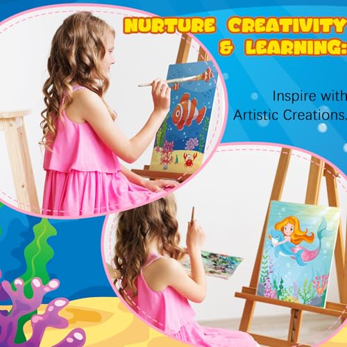 Ireer 12 Set Paint Party Set 8 x 10 Sip and Paint Kit Include 12 Printed Pre Drawn Canvas Panel, Wooden Easels, Palettes, Pots, Apron 36 Brushes for Adult Art DIY Party(Mermaid) - style: Mermaid
