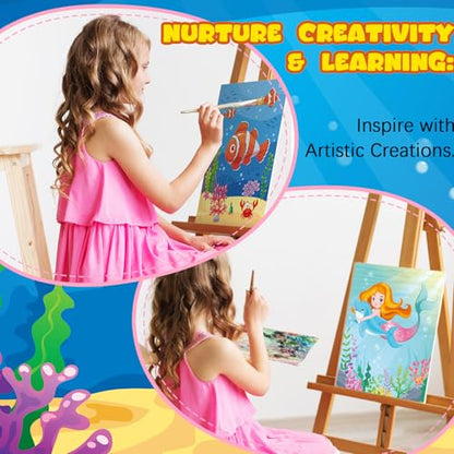 Ireer 12 Set Paint Party Set 8 x 10 Sip and Paint Kit Include 12 Printed Pre Drawn Canvas Panel, Wooden Easels, Palettes, Pots, Apron 36 Brushes for Adult Art DIY Party(Mermaid) - style: Mermaid