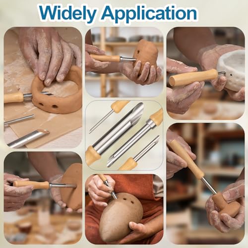 Amrules Clay Tools Kit, 4 PCS Circular Clay Hole Cutters Tools, Wooden Handle and Stainless Steel Sculpting Tools Kit Suitable for Drilling, Carving, Pottery Craft and DIY Projects - color: Lightyellow-Hole-4Pcs