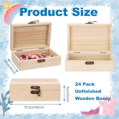 Hoemwarm 24 Pack Unfinished Wooden Box DIY Treasure Box | Treasure Chest With Hinged Lid 6 x 4 x 2 Inch, DIY Craft Keepsake for Kids, Gift, Home Decor