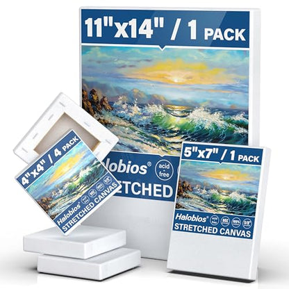 Halobios 6 Packs Stretched Canvases for Painting with 4x4in, 5x7in, 11x14in Canvas, Blank Canvases for Acrylics, Oils & Other Painting Media, 5/8 Inch Profile 100% Cotton Artist Framed Canvas - size: 6 Pack Mixed - 11×14IN 5×7IN 4×4IN