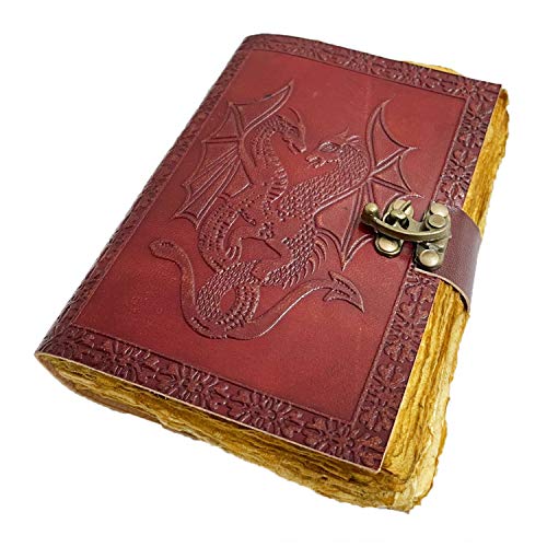 AzureGreen DOUBLE DRAGON Blank Page BOOK Handcrafted Leather Writing Unlined 5 x 7 JOURNAL (Vintage Brown) - color: Vintage Brown