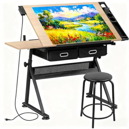 ZENY Adjustable Drafting Table with Stool, Tilting Drawing Desk Artist Table with Storage Drawers, Art Craft Workstation for Home Office Reading, Writing, Crafting (Brown-with Outlet) - color: Brown-with Outlet
