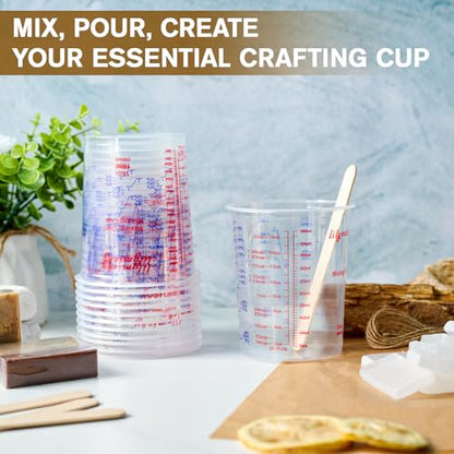 Lilymicky 16 oz Plastic Mixing Cups, 100 Pack 16 oz (500ml) Disposable Measuring Cups with 100 Wooden Mixing Sticks, Can Be Used for Epoxy Resin, Liquid Measuring, Paint, Cooking and Baking