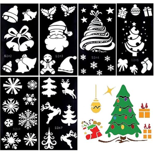 Xmasir 6 Sheet Christmas Temporary Tattoos Stencils, Kids Xmas Glitter Drawing Tattoo Templates Waterproof for Body Art Painting Party Decoration