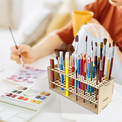 Wooden Paint Brush Holder 105 Holes Paintbrush Holder Organizer Paint Brush Stand Rack with Silicone Rings for Pens Pencils Artist