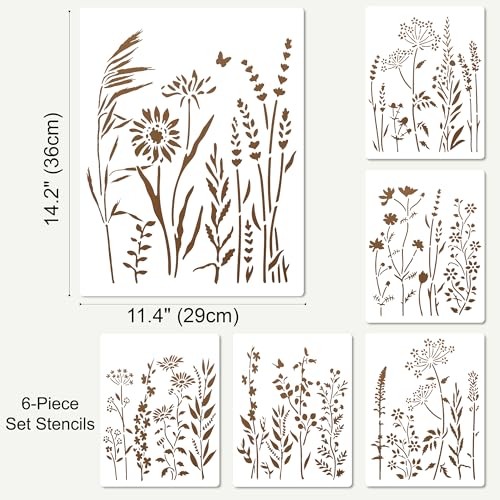 6 Pack 14'' Wildflower Wall Stencil, Reusable Flowers Stencils for Painting Large Pattern on Walls, Wood, Fabric, Furniture, Modular Floral Botanical Stencil Kit
