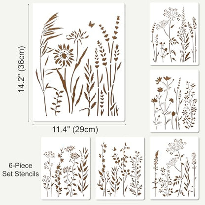 6 Pack 14'' Wildflower Wall Stencil, Reusable Flowers Stencils for Painting Large Pattern on Walls, Wood, Fabric, Furniture, Modular Floral Botanical Stencil Kit