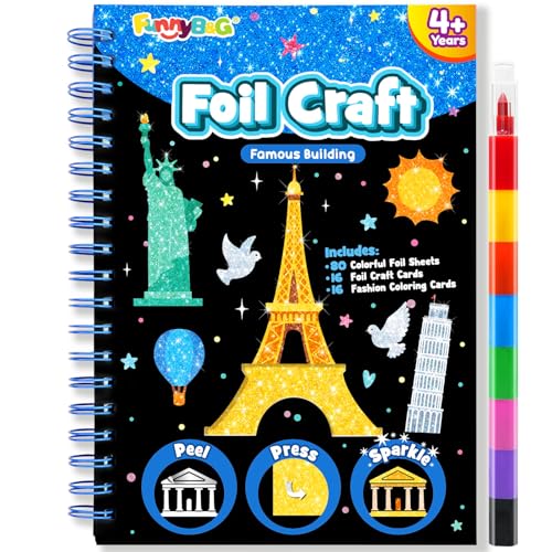 FUNNYB&G Foil Art Craft Kit for Kids 4-10 Years Old: Mess-Free & No-Glue, Create 16 Sparkly Famous Building Pictures – Perfect Travel Toy & Birthday Gift for Kids (Buildings) - style: Building