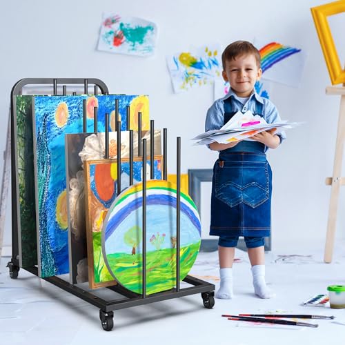 Mobile Art Canvas Storage Rack on Wheels, Adjustable Metal Framed Artwork Drying Holder, Large Vertical Picture Frame Display Stand for Painting Boards, Framed Picture, Shipping Box (Black) - color: Black