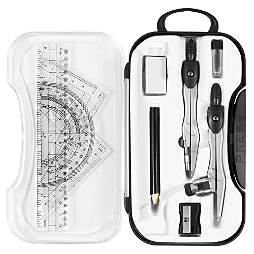 Unjoo Math Geometry Kit Sets 10 Piece Student Supplies with Shatterproof Storage Box,Includes Rulers,Protractor,Compass,Eraser,Pencil Sharpener,Lead Refills,Pencil,for Drafting and Drawings（Black） - color: Black