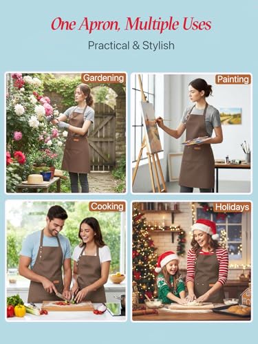 Kitchen Cooking Apron for Women Men Water-Resistant Artist Barista Baking Craft Catering Work Bib with Large Pockets - color: Brown