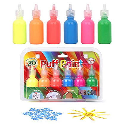 Puff Paint, 6 Pack 3-D Fabric Paint, Neon Colors, Permanent Non-toxic and Washable Paint Set for Kids, Ages 3+ - size: 6 Count (Pack of 1)