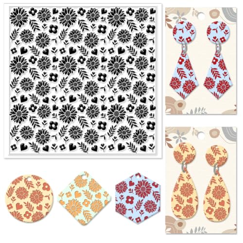 CHGCRAFT Sunflowers Texture Silicone Clay Texture Stamp Leaves Love Heart Polymer Clay Texture Sheets Clay Modeling Pattern Pad Texture Sheets for Polymer Clay Making Earrings Jewelry - style: Leaves and Sunflower