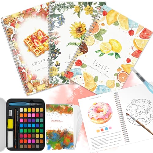 Water Color Paint Book Kit for Beginners, 48 Colors Watercolor Paint Set with Brush & Storage Box, 30 Different Patterns and DIY Section Creative Gift for Adults（Still-life theme） - color: Red