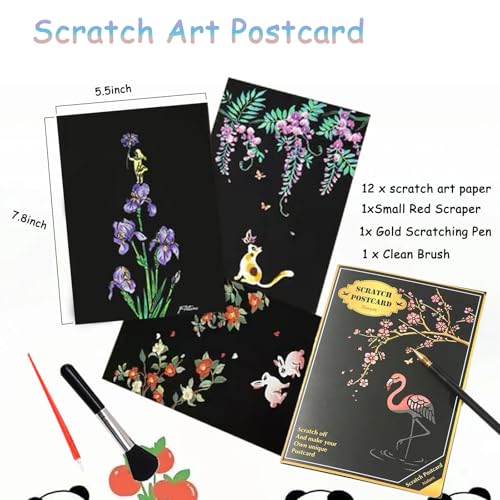 12sheets Scratch Art for Adults 7.9x5.5 inch Magic Paint by Scratch Kit Cards DIY Craft Gift with 6 Rainbow Scratch Paper Tools (Flower Language) - style: Flower Language