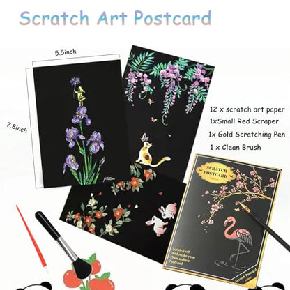 12sheets Scratch Art for Adults 7.9x5.5 inch Magic Paint by Scratch Kit Cards DIY Craft Gift with 6 Rainbow Scratch Paper Tools (Flower Language) - style: Flower Language