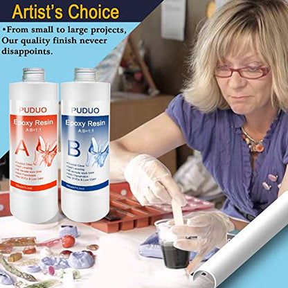 Epoxy Resin Casting and Coating Kit for Art, Jewelry, Crafts - 32 Oz | Bonus 4 pcs Graduated Cups, 3pcs Sticks, 1 Pair Rubber Gloves by Puduo - size: 32OZ