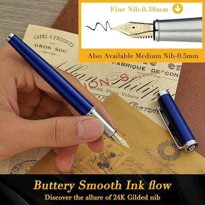 BEILUNER Luxury Fountain Pen Set,Solid 24K Gilded Fine Nib, Modern Classic Limited Edition -Includes 6 Ink Cartridges&Ink Refill Converter with Gift Case-Perfect for Men and Women（Charming blue） - color: Blue, style: Fine Nib