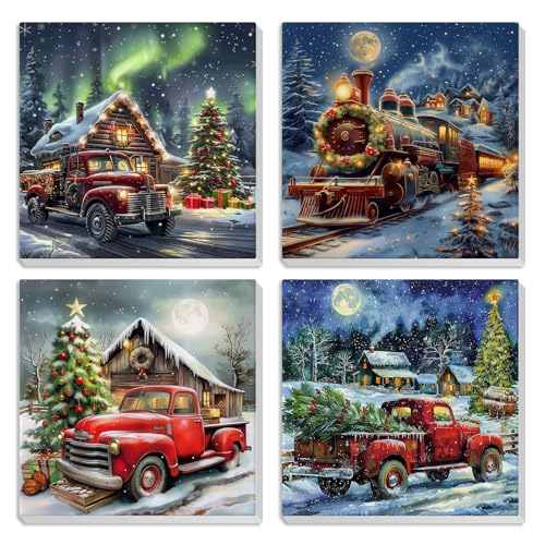 HEIBAGO 4 Pack Christmas Framed Paint by Numbers Kit Train for Adults Beginner, Adult Paint by Number Kits Red Car,DIY Paint by Numbers for Adults,Small Easy Acrylic Oil Painting for Wall Decor 8x8In - color: YH4ZH740