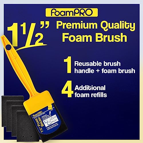 FoamPRO 715-4, 1 1/2" Foam Brush w/ 4 Refills - Premium Quality Paint Brush Set for All Paints, Urethanes, Varnishes, Stains - Effortless Application Foam Brushes- Smooth Finish, Reusable Handles - size: 1.5 Inch, style: Brush & 4 Refills