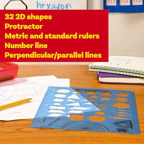 LEARNING ADVANTAGE Geometry Template | Sturdy Geometric Stencil to Draw 2D Shapes and Measure Angles | Includes Ruler and Number Line with Negative Values