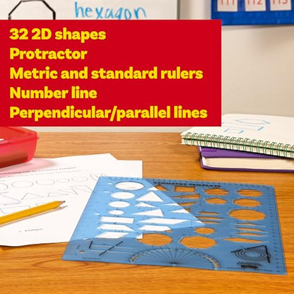 LEARNING ADVANTAGE Geometry Template | Sturdy Geometric Stencil to Draw 2D Shapes and Measure Angles | Includes Ruler and Number Line with Negative Values