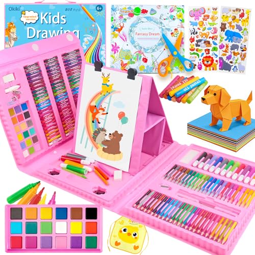 Okiki Art Supplies 297 Piece Drawing Art Kit Gifts for Girls Boys Kids Teens Gifts Coloring Art Set Case with Trifold Easel, Stickers, Coloring Book, Apron, Scissors, Origami Paper 40 Sheets - color: Rose