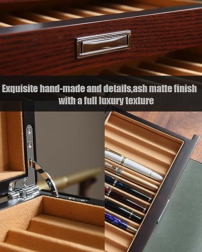 Pen Display With 24 Slots, Wood Storage Organizer, Glass Window Box for Men Gift (Brown Ash Veneer Finish, Camel Velvet) - color: brown 24 slots, camel velvet