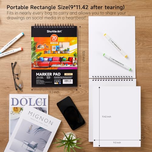 Shuttle Art Marker Pad, 12”x9” Portable Sketchbook, 70 Sheets Marker Drawing Paper, 110LB/180GSM Smooth Surface Bleedproof Art Paper, Spiral-Bound, Great for Artists to Draw, Paint & Sketch - size: 12x9 inch