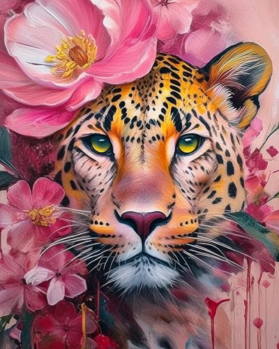 AuraDraw Cheetah Paint by Numbers - Leopard Paint by Number Kit for Adults Beginners, DIY Pink Painting Art Craft on Canvas for Home Decor 16x20 Inch - color: TG001