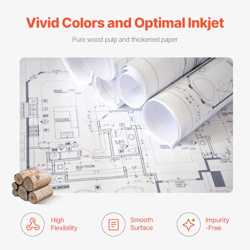 VEVOR Wide Format Paper, 24 in x 150 ft Plotter Paper, 4 Rolls CAD Bond Rolls with 2 in Core, 20 LB Bond Paper Rolls, Idea for CAD Drawings, Engineering Plans, GIS Maps & Architectural Designs - size: 24 in x 150 ft, style: 4 Rolls