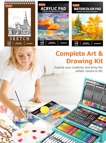 Soucolor Art Supplies, 192-Pack Deluxe Art Set Drawing Painting Supplies Art Kit with Acrylic Pad, Watercolor Pad, Sketch Book, Canvases, Acrylic Paint, Crayons, Pencils, Gifts for Artists Adults - color: Teal