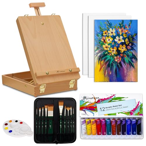 Deluxe Art Supplies 27 Pieces Art Set with Tabletop Easel, 12 Colors Acrylic Paint, 10 Paint Brushes, 3 Canvas Panels, Palettes - style: Sketchbox Set