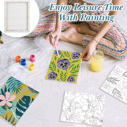 Engrowtic 12 Pcs 8 x 10'' Flower Pre Drawn Canvas to Paint Pre Printed Sketched Canvas for Adult Ladies Paint Art Party Favor Board Set for Craft(Simple Style) - style: Simple Style