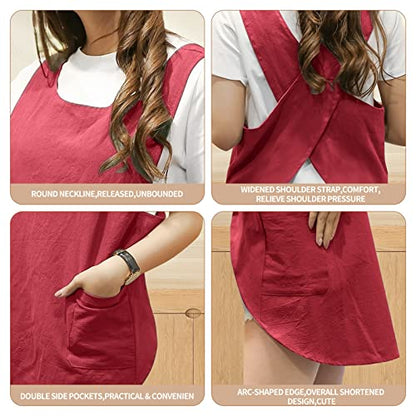 Shortened Design Apron, Japanese Style Soft Cotton Linen Apron with Two Side Pockets, X Cross Halter Aprons, Kitchen Cooking Clothes Gi/ft for Women DIY Project, Crafting, Cooking, Baking(Wine Red) - color: Red, style: 1# Style-rounded Edge
