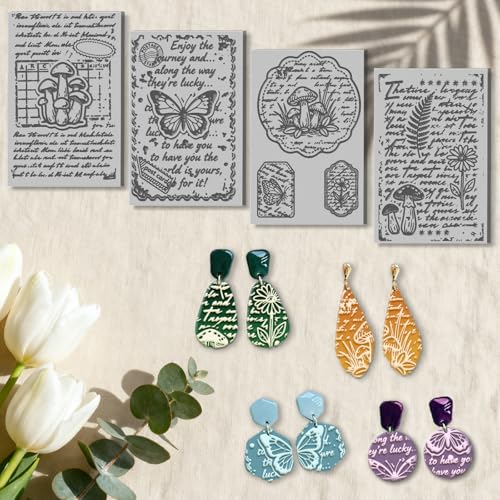 4 Sheets Retro Text Pattern Polymer Clay Texture Sheet Mushrooms and Butterfly Patterns Rubber Texture Mat for Polymer Clay Making Earrings Jewelry DIY Crafts 4 × 2.5 Inch - style: Retro Text Pattern