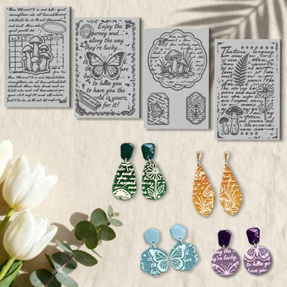 4 Sheets Retro Text Pattern Polymer Clay Texture Sheet Mushrooms and Butterfly Patterns Rubber Texture Mat for Polymer Clay Making Earrings Jewelry DIY Crafts 4 × 2.5 Inch - style: Retro Text Pattern