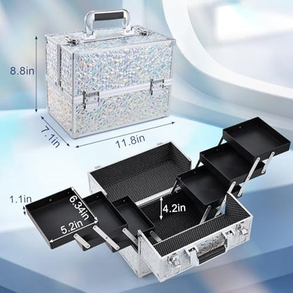 FRENESSA Makeup Case Cosmetic Train Case Organizer 11.8 Inch Large Makeup Box Travel Storage Make Up Train Carrying Case with 6 Trays Locking Hard Vanity Storage Glitter Silver - color: Silver